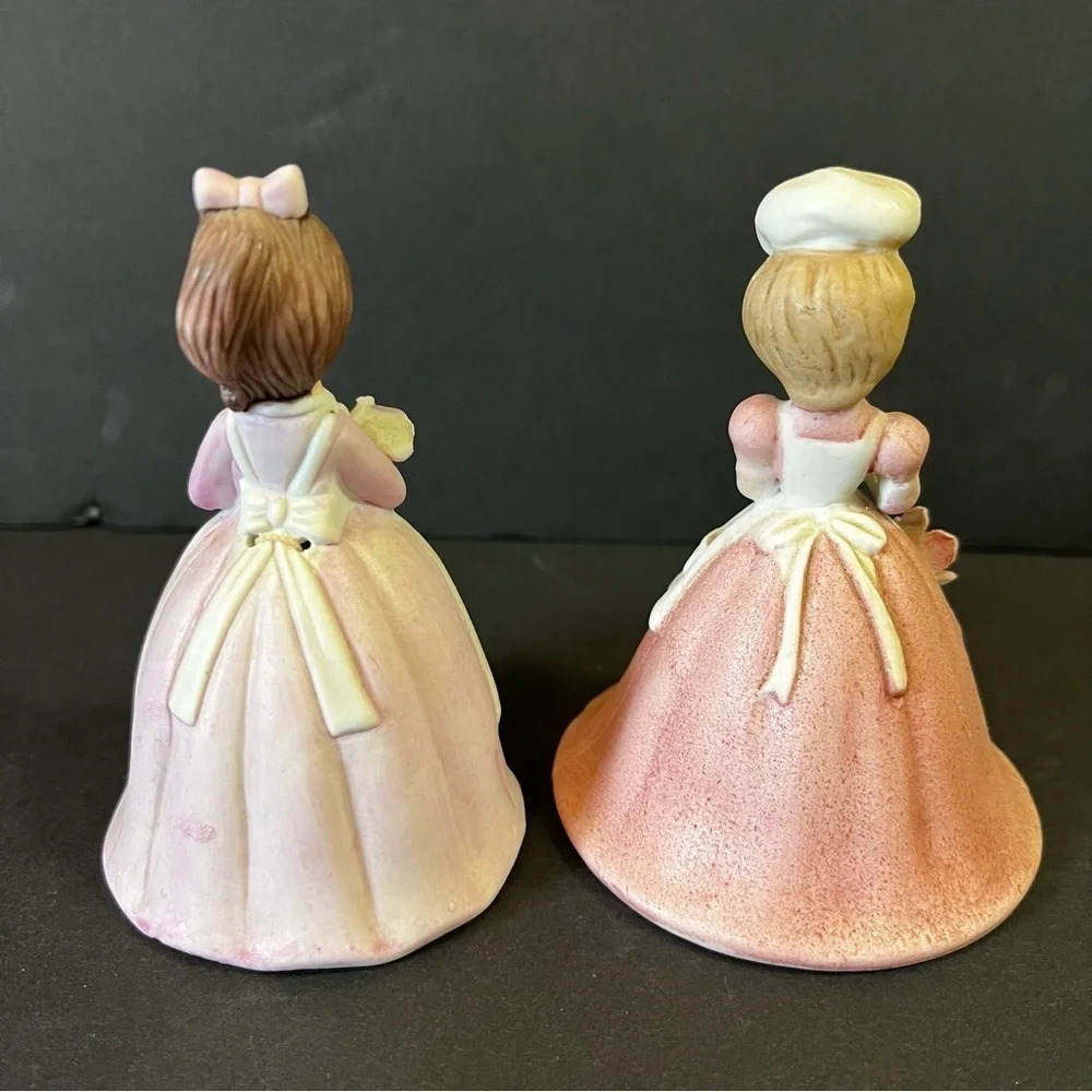 Lefton? Porcelain Bell Set Girl White Apron Baker Pink Roses Chef Garden Lot 2x